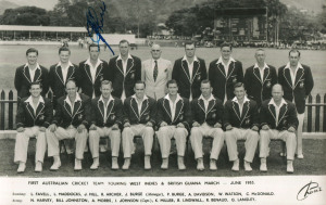 AUSTRALIA in the WEST INDIES: black & white RP postcard of the First Australian Team to tour the West Indies & British Guiana, March - June 1956, signed in ink by all 16 players in the squad, which included Ian Johnson (Capt.), Miller, Lindwall, Benaud, Maddocks, Davidson and McDonald.Australia's first visit to the Caribbean saw high scoring in all but the Third Test at Georgetown. Clyde Walcott made five centuries in the series, and Atkinson and Depeiaza shared a world record seventh wick