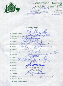1972-79 collection of Australian Official Team sheets; all fully signed, comprising 1972 (Ian Chappell, Capt.), 1973 (Ian Chappell, Capt.), 1975 World Cup Tour to Canada & United Kingdom (Ian Chappell, Capt.), 1977 (Greg Chappell, Capt.), 1978 to the West Indies (Bob Simpson, Capt.), 1979 World Cup Team (Kim Hughes, Capt.) and 1979 Tour of India (Kim Hughes, Capt.). (A total of 115 original signatures).