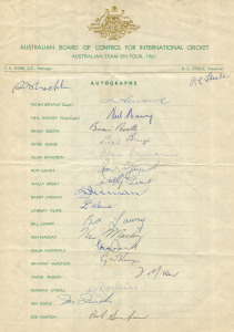 AUSTRALIA in ENGLAND 1961: An official Australian team sheet signed by the whole touring party which included Benaud (Capt.), Harvey (Vice Capt.), Grout, Lawry, McDonald and Simpson. Also, a similar team sheet but, most unusually, with reproduction signatures. Together with an original press photograph (20.5 x 25cm) of the team signed in ink by Alan Davidson, Neil Harvey, Richie Benaud, Peter Burge and Colin McDonald. (3 items).