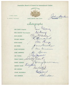 AUSTRALIA in SOUTH AFRICA 1957-97: A group of four fully signed Australian team sheets comprising the 1957-58 Tour (Ian Craig, Capt.), the '85/87 Tour (Kim Hughes, Capt.), the 1994 Tour (Allan Border, Capt.), and the 1997 Tour (Mark Taylor, Capt.) with 74