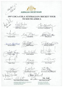 AUSTRALIA in SOUTH AFRICA 1957-97: A group of four fully signed Australian team sheets comprising the 1957-58 Tour (Ian Craig, Capt.), the '85/87 Tour (Kim Hughes, Capt.), the 1994 Tour (Allan Border, Capt.), and the 1997 Tour (Mark Taylor, Capt.) with 74 - 2