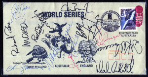 THE CRICKET WORLD CUP in AUSTRALIA: A group of (3) envelopes signed by teams participating in the World Cup One Day International competition: one signed by the New Zealand team in Australia (14 signatures); another signed by the West Indies team (15 signatures) and the last signed by England (14 signatures). Also, a similar envelope signed by the 13 New Zealand team members at the 1990 World Series Cricket in Australia.