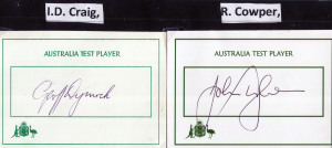 AUSTRALIAN TEST PLAYER SIGNED CARDS: A collection of 150 different signed cards, mounted and identified on 11 sheets including Bill Brown, Ian Craig, Bob Simpson, Brian Booth, Barry Jarman, Greg Chappell, Kim Hughes, Allan Border, Steve Waugh and Steve Smith