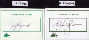 AUSTRALIAN TEST PLAYER SIGNED CARDS: A collection of 150 different signed cards, mounted and identified on 11 sheets including Bill Brown, Ian Craig, Bob Simpson, Brian Booth, Barry Jarman, Greg Chappell, Kim Hughes, Allan Border, Steve Waugh and Steve Sm