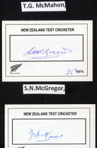 NEW ZEALAND TEST PLAYER SIGNED CARDS: A collection of 31 different signed cards, mounted and identified on sheets including Walter Hadlee, Sir Richard Hadlee, Bevan Congdon, Chris Cairns, John Bracewell, John Reid, Martin Crowe, Stephen Fleming and Jeremy Coney.