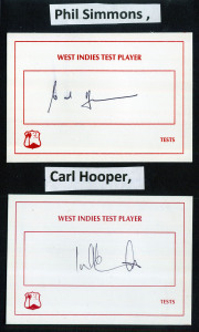 WEST INDIES TEST PLAYER SIGNED CARDS: A collection of 26 different signed cards, mounted and identified on sheets including Everton Weekes, Seymour Nurse, Sonny Ramadhin, Cammie Smith, Phil Simmons, Carl Hooper, Michael Holding, Wavell Hinds, Courtney Walsh, Lance Gibbs, Joel Garner and Tino Best.