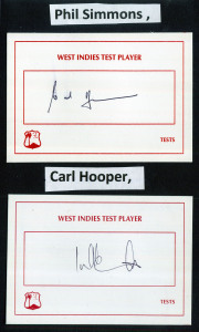 WEST INDIES TEST PLAYER SIGNED CARDS: A collection of 26 different signed cards, mounted and identified on sheets including Everton Weekes, Seymour Nurse, Sonny Ramadhin, Cammie Smith, Phil Simmons, Carl Hooper, Michael Holding, Wavell Hinds, Courtney Wal