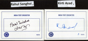 INDIAN TEST PLAYER SIGNED CARDS: A collection of 51 different signed cards, mounted and identified on sheets including Hirwani, Bhandari, Prasanna, Pathan, Chandrashekar, Maninder Singh, Ashish Kapoor, Kumar, Bishen Bedi, Chopra, Harbajan Singh, Rahul Dravid, Patel, Badani and Rohan Gavaskar.