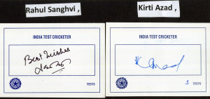 INDIAN TEST PLAYER SIGNED CARDS: A collection of 51 different signed cards, mounted and identified on sheets including Hirwani, Bhandari, Prasanna, Pathan, Chandrashekar, Maninder Singh, Ashish Kapoor, Kumar, Bishen Bedi, Chopra, Harbajan Singh, Rahul Dra