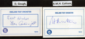 ENGLISH TEST PLAYER SIGNED CARDS: A collection of 80 different signed cards, mounted and identified on sheets including David Lloyd, Ray Illingworth, John Edrich, Peter Lever, W.E. Russell, Graeme Hick, Wayne Larkin, Derek Underwood, Tony Greig, R. Subba 