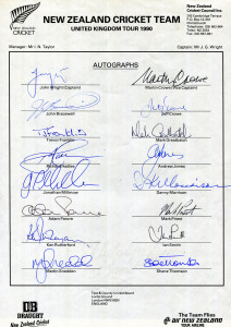 NEW ZEALAND TEAM SHEETS: 1990 United Kingdom Tour (John Wright, Capt.; Martin Crowe, Vice Capt.) fully signed (16 autographs); also, New Zealand Womens Team Tour to England & Ireland 1996 (Sarah Illingworth, Capt.; Maia Lewis, Vice. Capt.) fully signed (18 autographs).