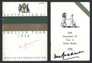 The 1938 Orient Line and the 1948 "Strathaird" Ship brochure, both signed to the front covers by Don Bradman, who was Captain of the Team on both Ashes Tours. (2).