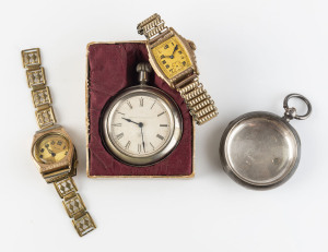 Two vintage rolled gold wristwatches, pocket watch and silver pocket watch case (as is condition), 19th and 20th century