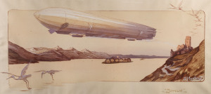 "Zeppelin" by GAMY-MONTAUT,Published by Mabileau & Co., Paris, 1915,Framed & glazed, overall 54 x 102cm. The Gamy-Montaut prints were produced by the pochoir process in which the outlines for each image were drawn onto lithographic stones and printed. Using these uncoloured prints as a template, elaborate stencils were cut for each colour. Water-colour was then brushed onto the image through the stencil. The colouring process was quite complex, with each print taking several da