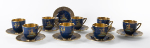 W & R Carlton Ware pagoda patterned coffee ware on blue ground comprising eight cups and eight saucers