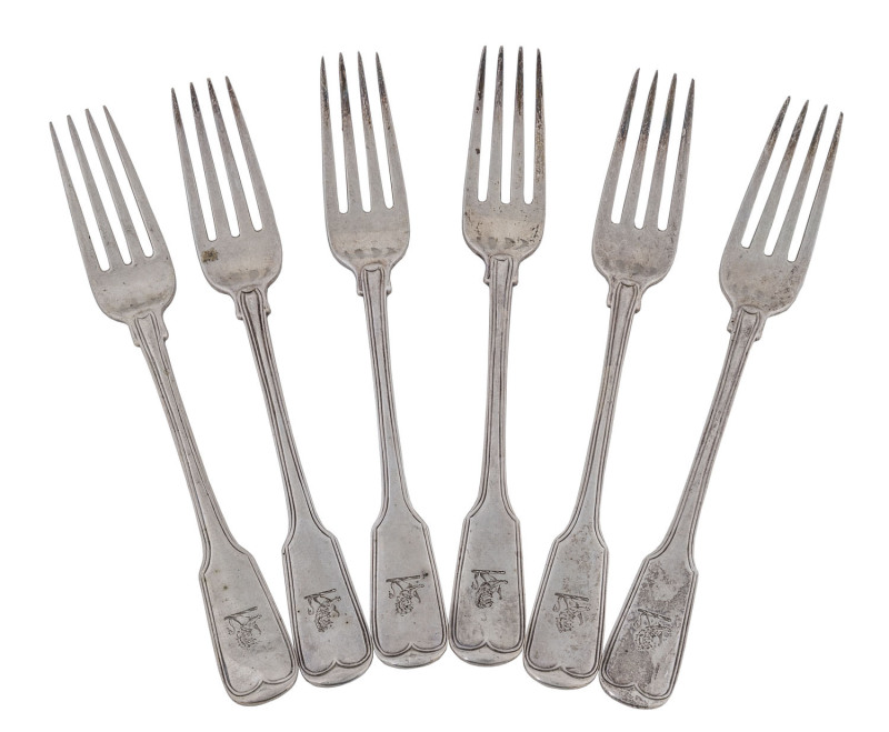 Set of six Scottish Georgian sterling silver fiddle and thread dinner forks by Elder & Co. Edinburgh, 1836