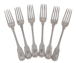 Set of six Scottish Georgian sterling silver fiddle and thread dinner forks by Elder & Co. Edinburgh, 1836