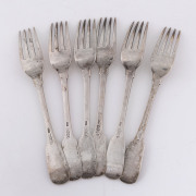 Set of six Scottish Georgian sterling silver fiddle and thread dinner forks by Elder & Co. Edinburgh, 1836 - 2