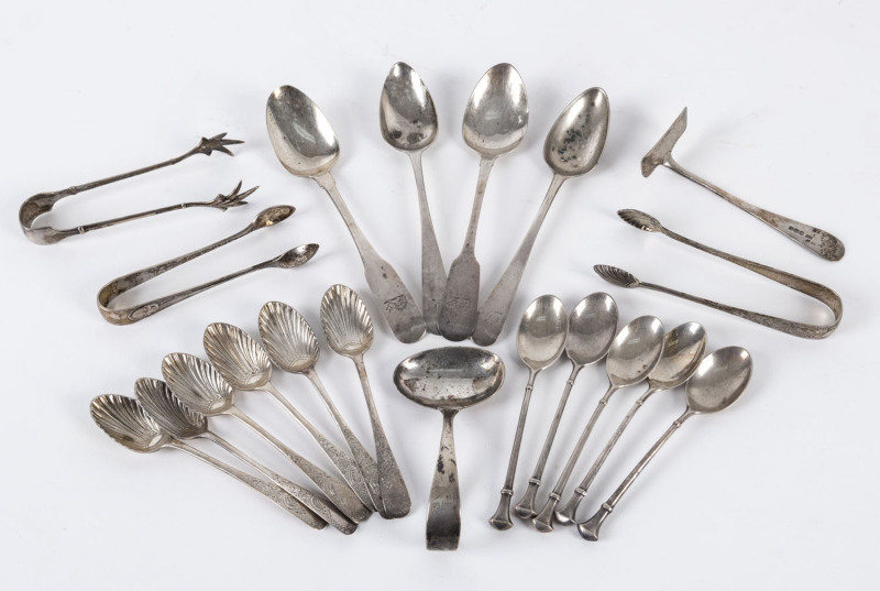 English and Irish sterling silver spoons, sugar nips and childrens cutlery, 19th century