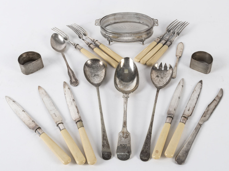 Sterling silver butter dish, pair of sterling silver napkin rings and assorted silver plated flat ware, 19th and 20th century