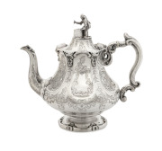 An English sterling silver four piece tea service with impressive figurative finials by John & George Angell, London, 1846