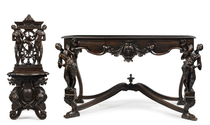 A Blackamoor hall table and chair, ebonized fruitwood, Italian, 19th century,