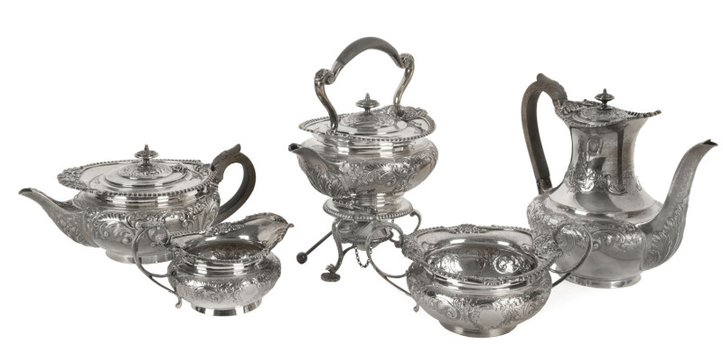 A 5 piece English sterling silver tea set comprising a spirit kettle, teapot, coffee pot, sugar basin and milk jug by Elkington & Co. London, 1966