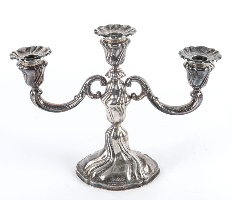 A German silver 3 branch candelabra, 20th century, crescent and crown mark stamped "835",