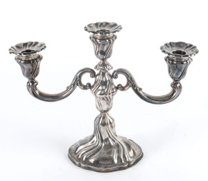 A German silver 3 branch candelabra, 20th century, crescent and crown mark stamped "835",