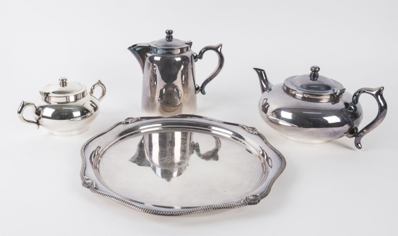 Challenge silver plated teapot, hot water jug, sugar basin and a silver plated tray, 20th century,