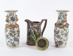 A pair of Canton ware vases, French majolica jug by Frie Onnaing, plus a bronze and onyx plaque, 19th and 20th century,