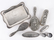 Sterling silver and silver plated vanity ware, tray and 2 sterling silver napkin rings, 19th and 20th century