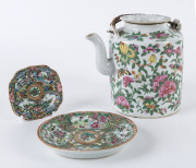 A Canton ware teapot and two dishes, late 19th and 20th century,