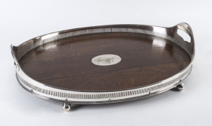 An English silver plated oval serving tray with oak base, circa 1900,
