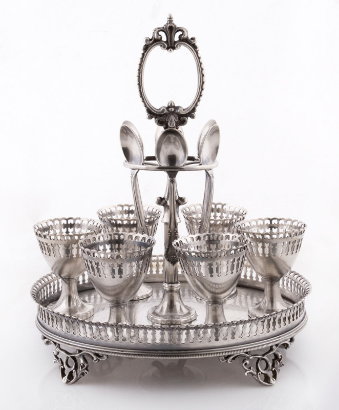 A silver plated egg cruet set, circa 1900,