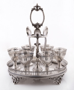 A silver plated egg cruet set, circa 1900,