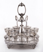 A silver plated egg cruet set, circa 1900,