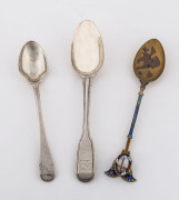 Two Georgian sterling silver spoons and an 800 silver and enamel spoon with Egyptian motif