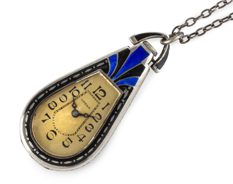 ARGENT DORE Art Deco Continental silver and enamel pendant watch on chain, circa 1925,