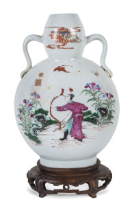 Famille vert moon flask Chinese porcelain vase on zitan stand, 19th century, six character mark to base and an additional cartouche in design ,