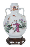 Famille vert moon flask Chinese porcelain vase on zitan stand, 19th century, six character mark to base and an additional cartouche in design ​,