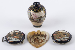 Satsuma miniature Japanese earthenware vase, belt buckle and a mother of pearl heart shaped pendant, Meiji period,