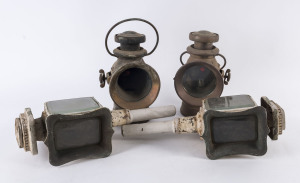 A pair of antique coach lamps (painted) and a pair of antique car lamps,