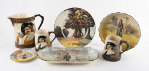Four Royal Doulton series ware plates and dishes together with a Falcon ware jug and 2 tankards, circa 1930s