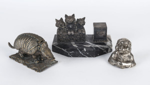 Three novelty animal inkwells, cast metal and marble, 19th and early 20th century,