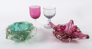 Two antique wine glasses and two Murano glass dishes, mid 20th century,