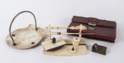An Anglo-Indian desk set, ivory, horn and padouk; pearl shell comport, bronze mouse ornament and compendium satchel,the desk set 20cm across