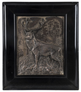 A silver plated stag plaque signed "F. DILLON", 19th century,