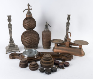 A pair of Adams style white metal candlesticks, two soda syphons, a banjo barometer, kitchen scales and assorted weights, early 20th century