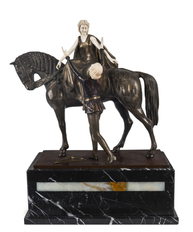 OTTO POERTZEL Medieval scene figure group, bronze and ivory on marble and onyx base, circa 1925,